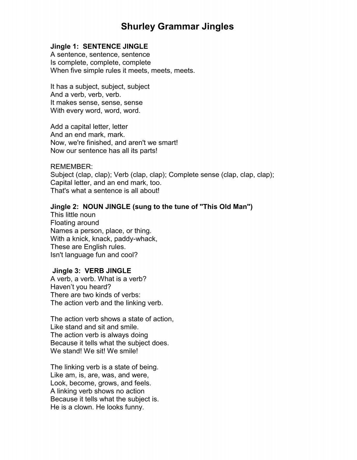 Shurley Grammar Jingles 4th Grade