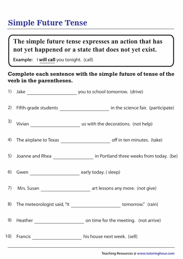 Simple Future Tense Worksheet Grammar Practice