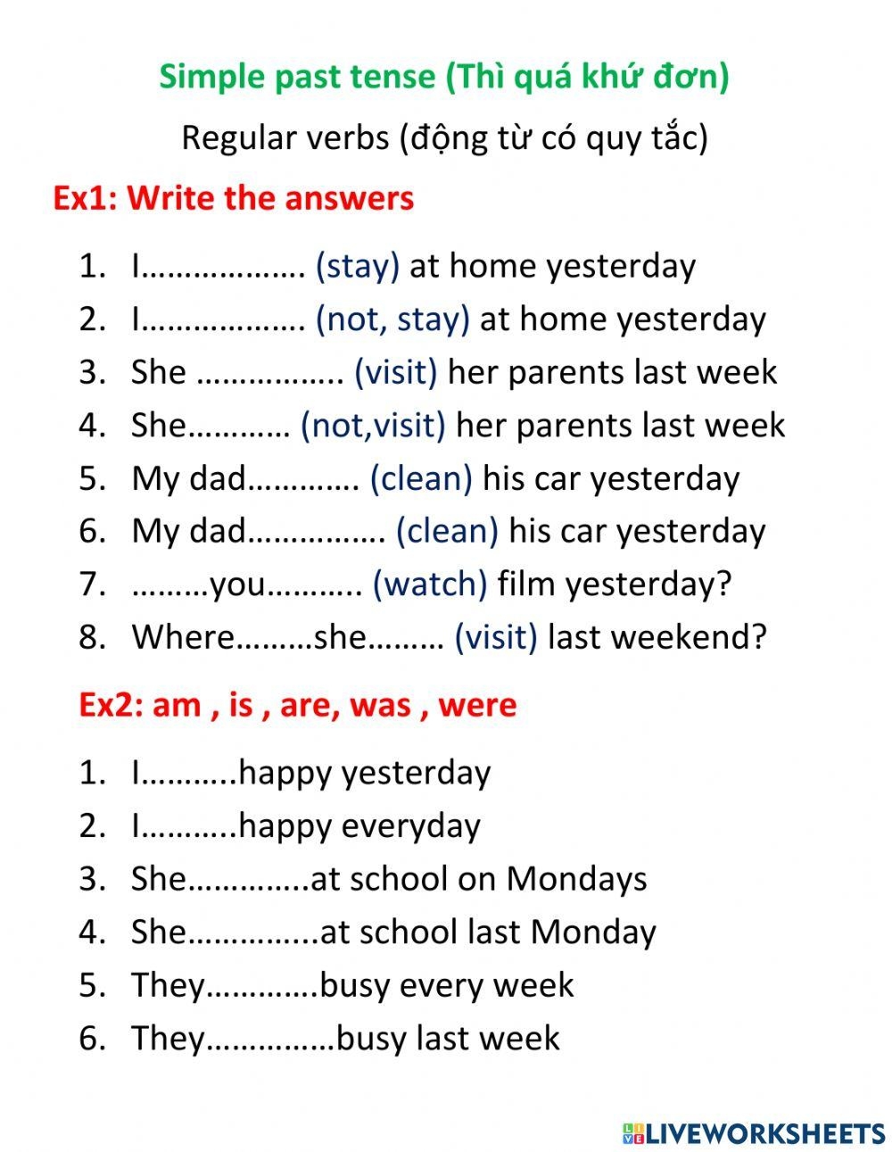 English Grammar Simple Past Tense Worksheets