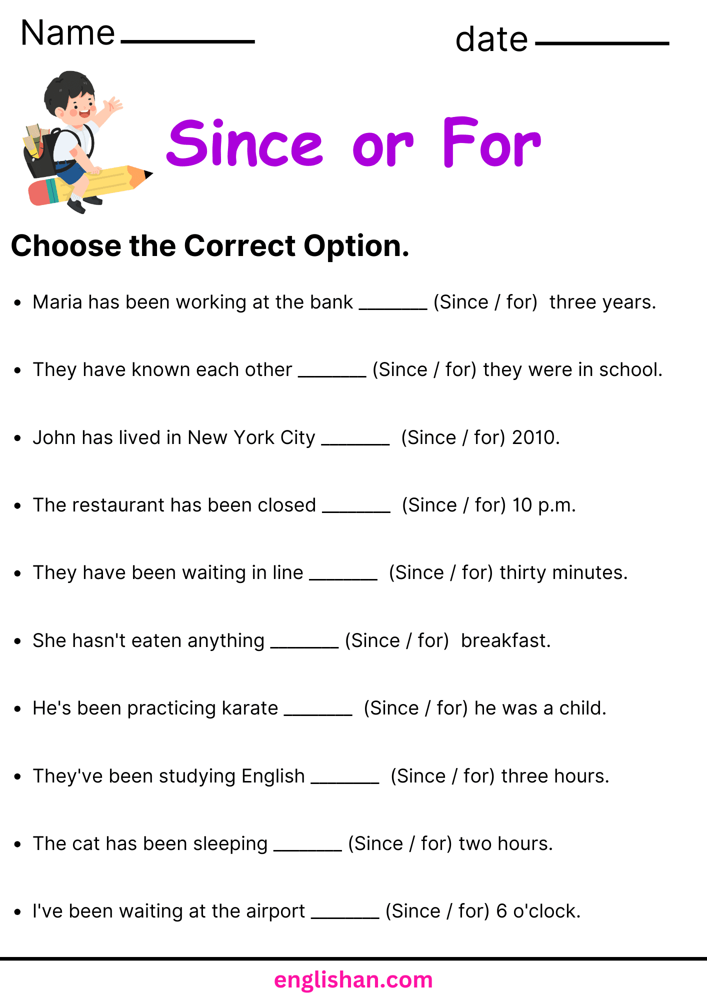 Since And For Worksheets And Exercises With Answers Englishan
