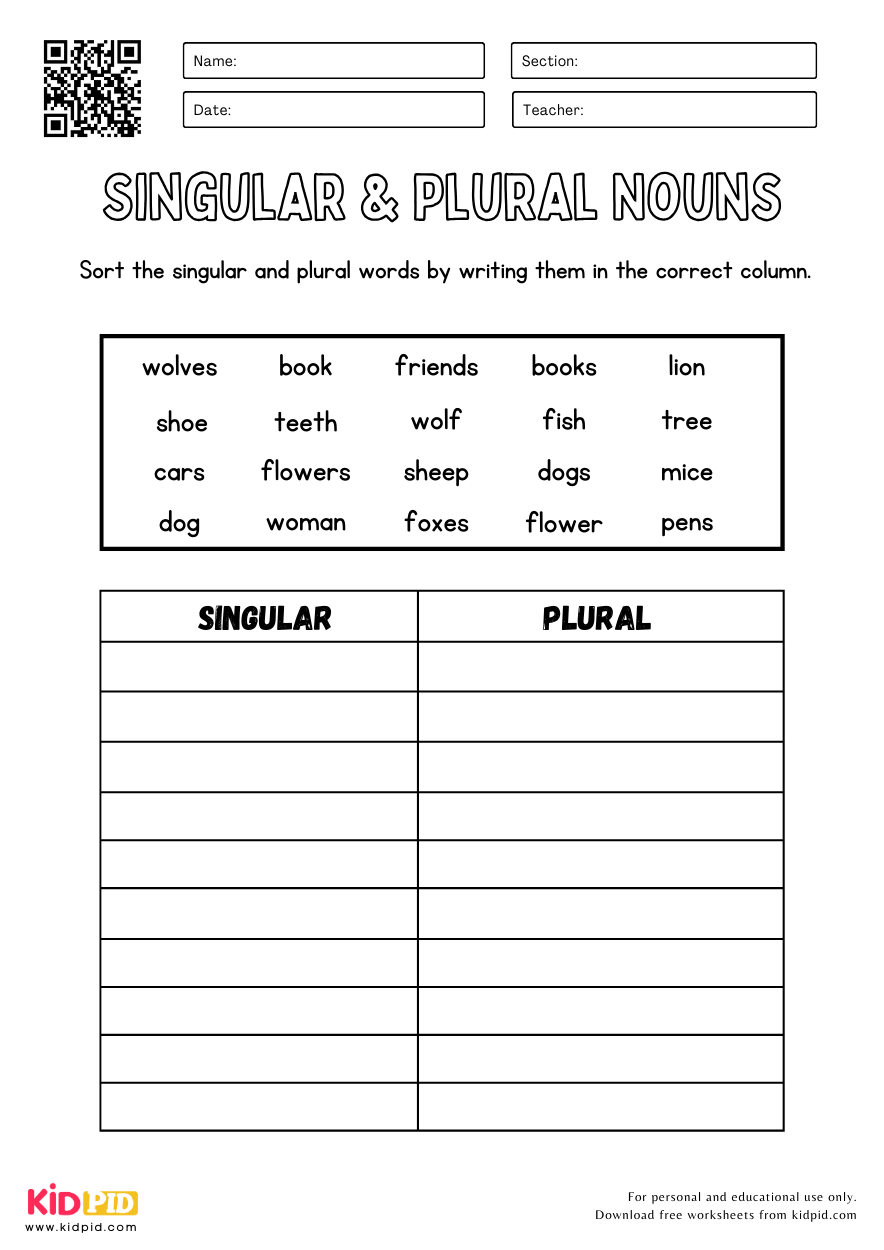 Grammar Plural Nouns Worksheets