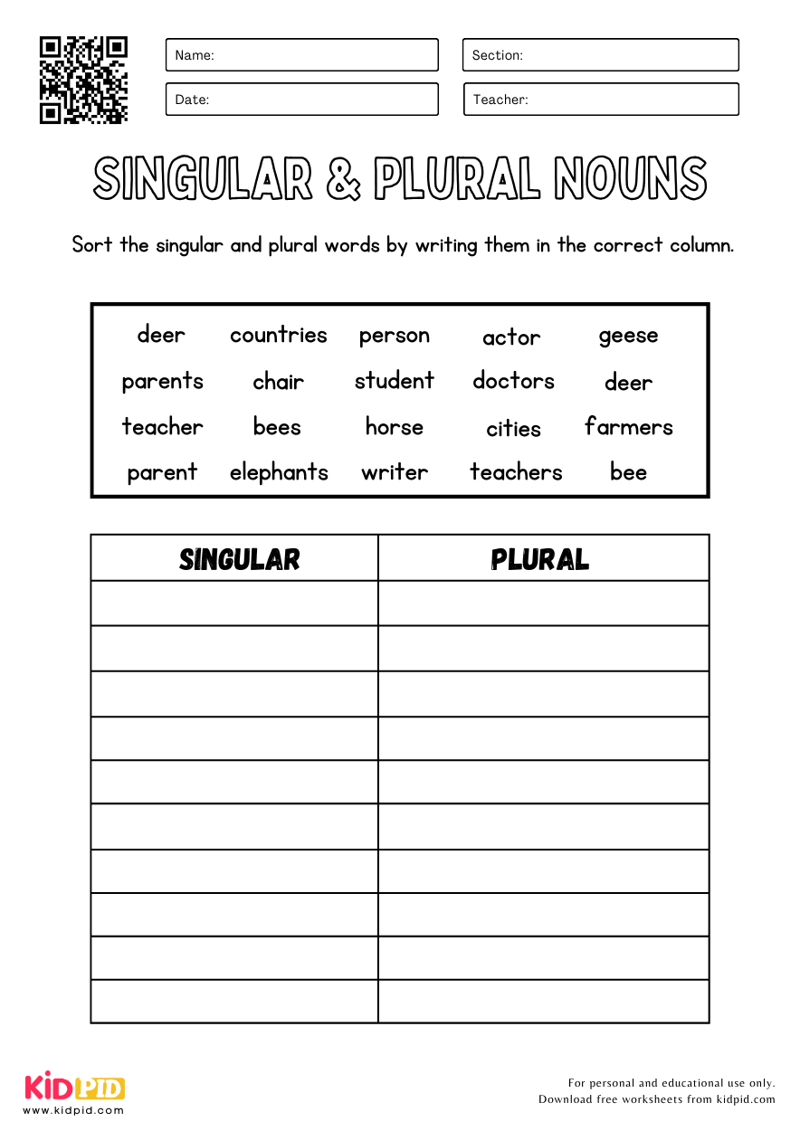 Singular U0026 Plural Nouns Sorting Worksheet Kidpid