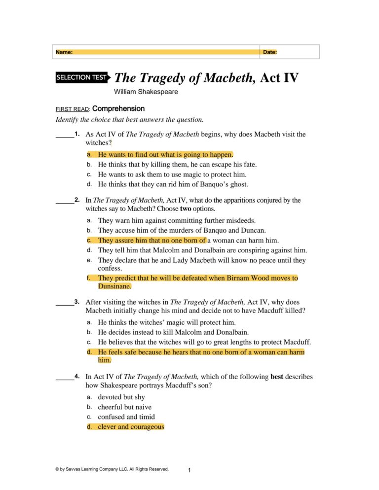 SOLUTION The Tragedy Of Macbeth Act Iv Test And Answers Studypool