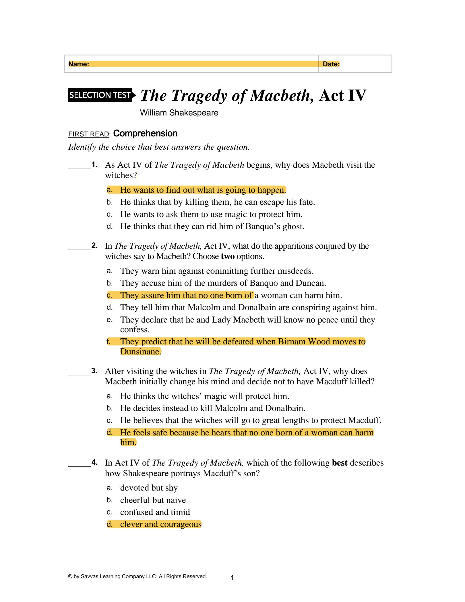 SOLUTION The Tragedy Of Macbeth Act Iv Test And Answers Studypool