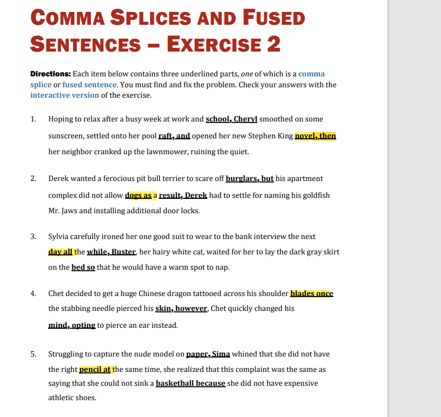 Solved COMMA SPLICES AND FUSED SENTENCES EXERCISE 2 Chegg Solved COMMA SPLICES AND FUSED SENTENCES EXERCISE 2 Chegg
