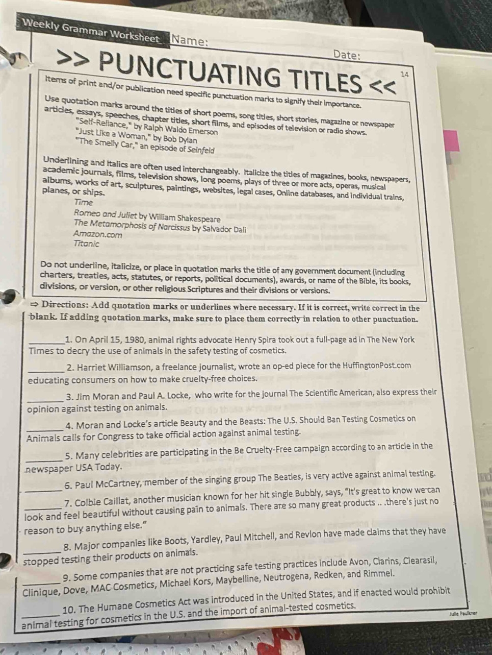 Solved Weekly Grammar Worksheet Name Date PUNCTUATING TITLES 14 Solved Weekly Grammar Worksheet Name Date PUNCTUATING TITLES 14