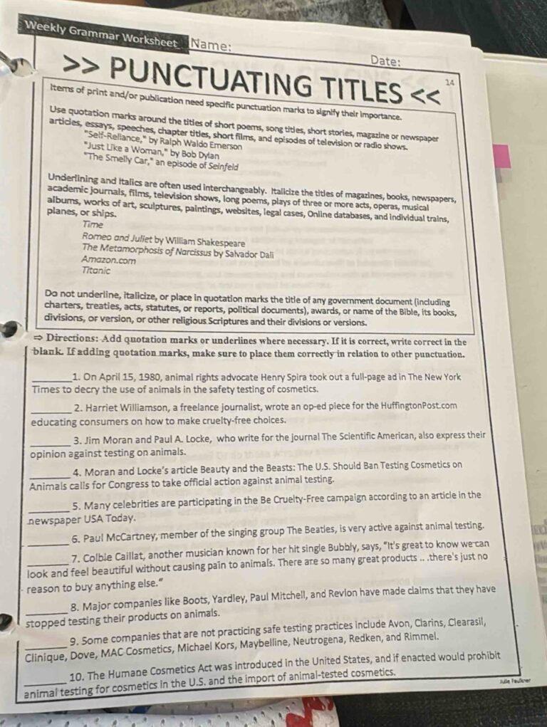 Solved Weekly Grammar Worksheet Name Date PUNCTUATING TITLES 14 Ltems Of Print And or Publicati Others 
