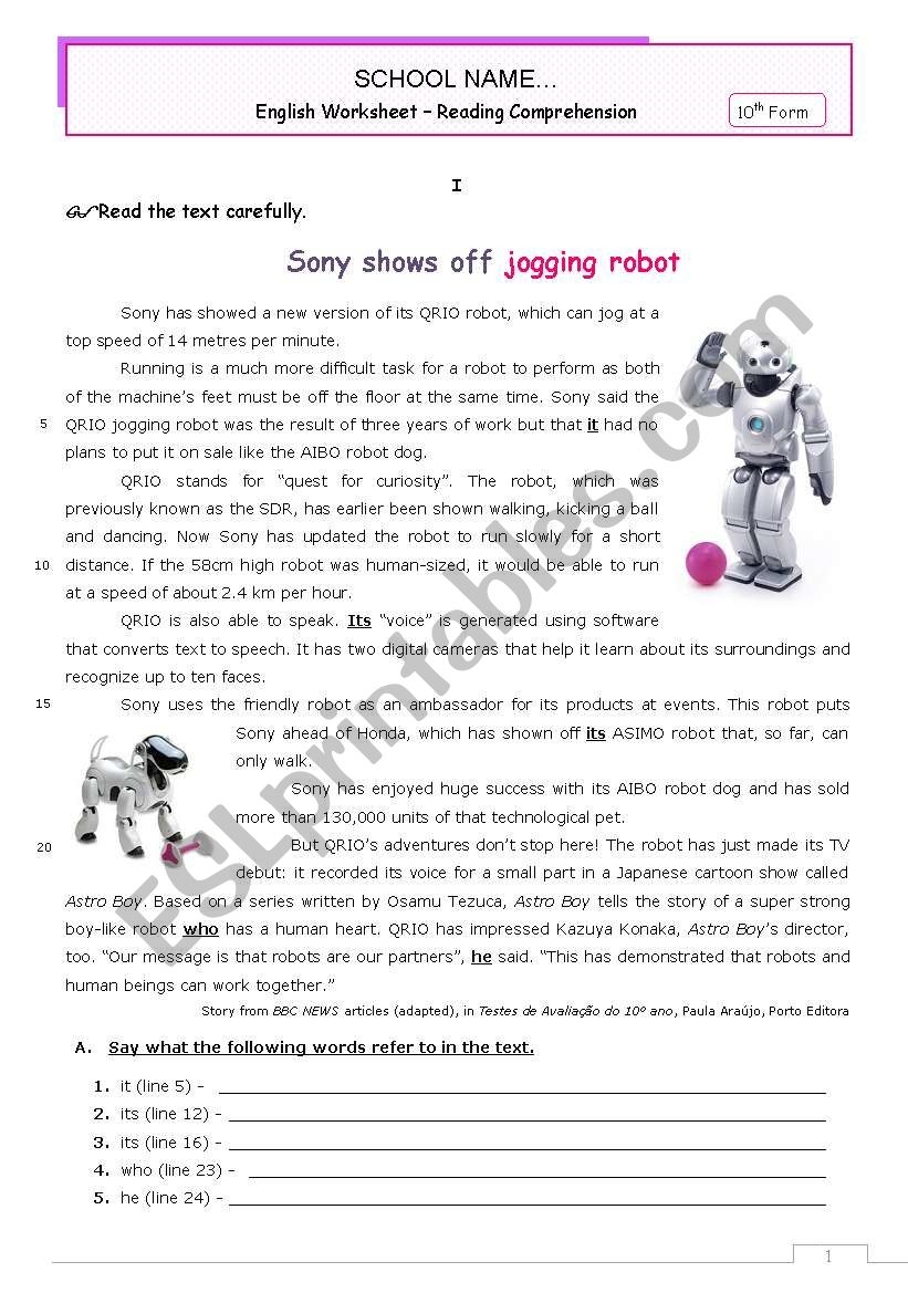 Sony Shows Off Jogging Robot Reading Comprehension Grammar Exercises For Advanced Students ESL Worksheet By Mena22