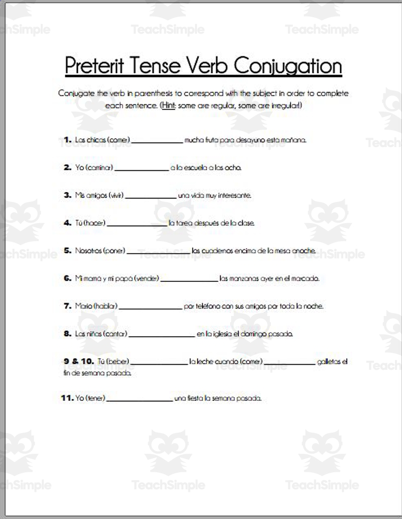 Spanish Preterit Tense Verb Worksheet By Teach Simple Spanish Preterit Tense Verb Worksheet By Teach Simple