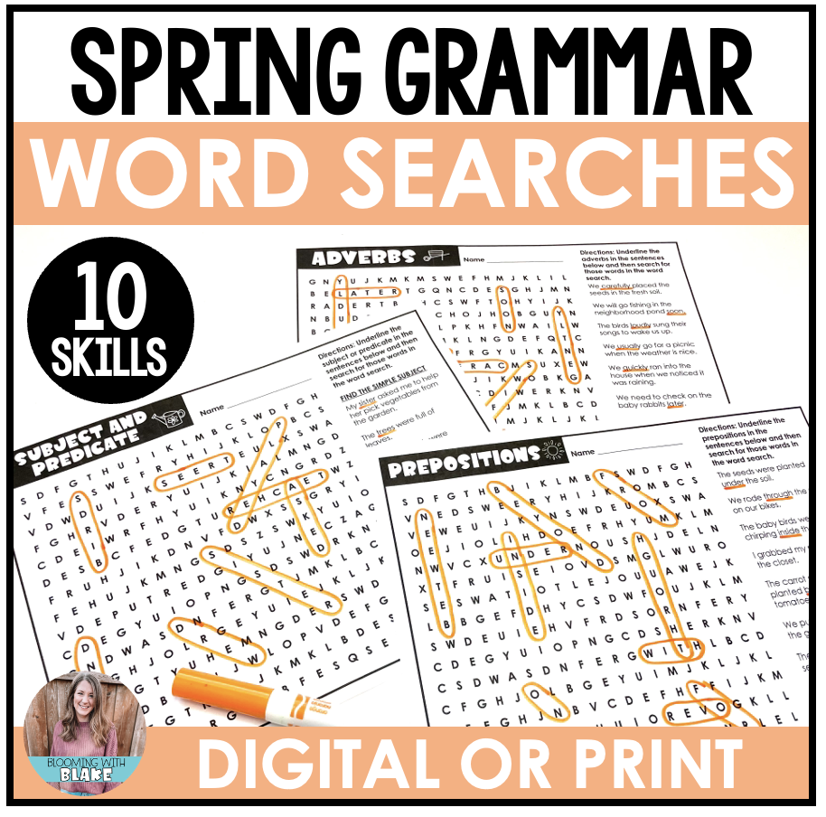 Spring Grammar Practice Word Searches Parts Of Speech Review Worksheets Made By Teachers