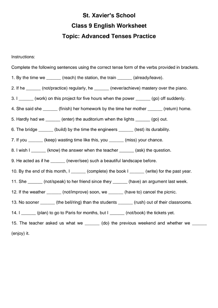 St Xavier s School Class 9 English Worksheet Topic Advanced Tenses Pra St Xavier s School Class 9 English Worksheet Topic Advanced Tenses Pra