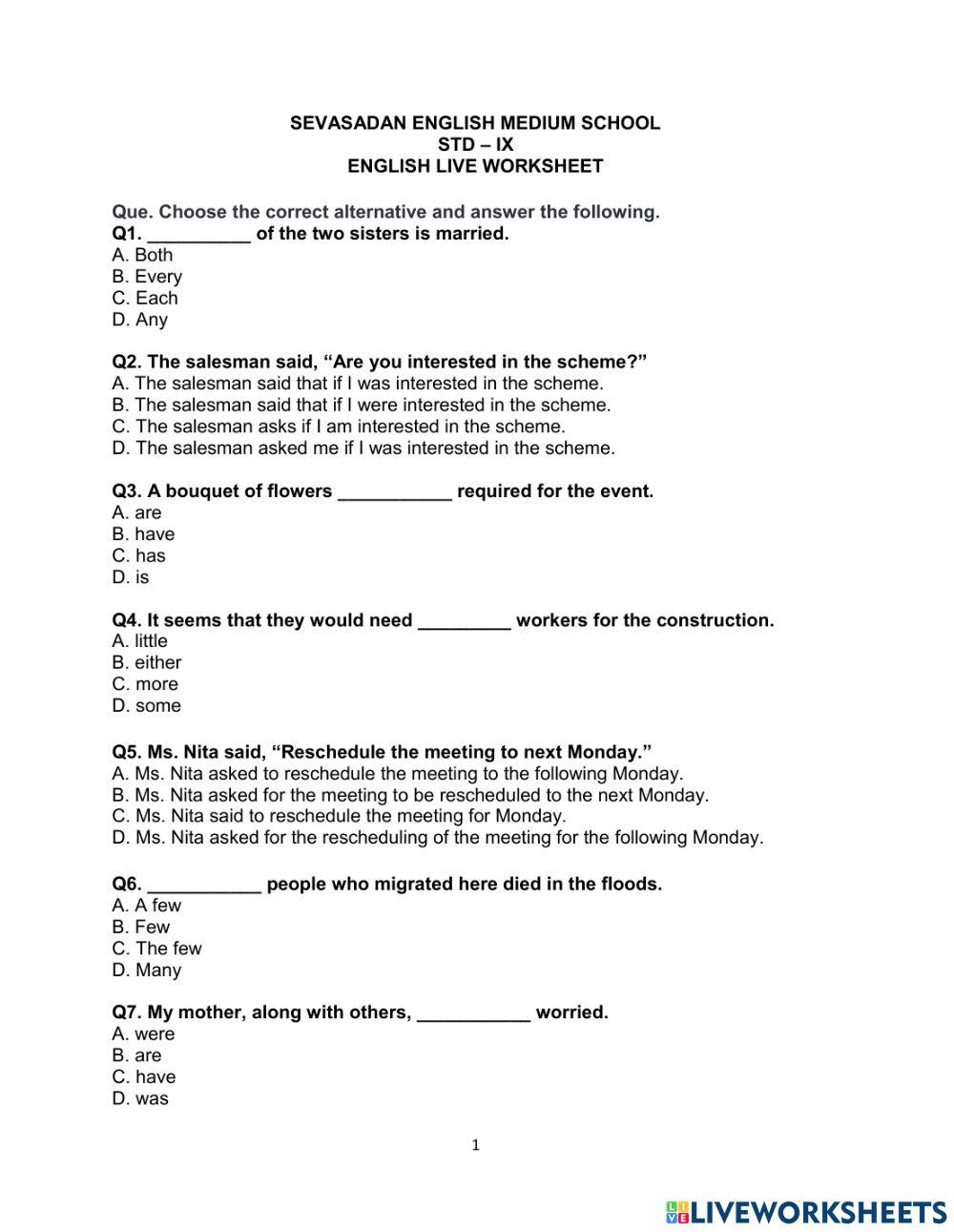 Worksheets For Class 9 English Grammar