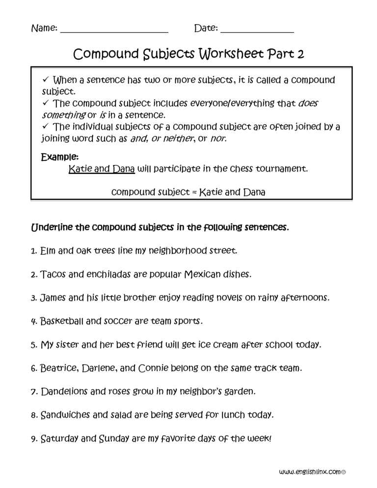 Subject And Predicate Worksheets Compound Subject Worksheet Part 2