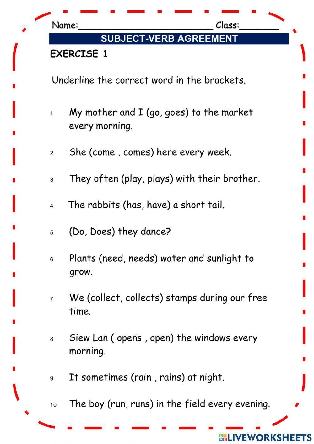 Grammar Worksheets Subject Verb Agreement