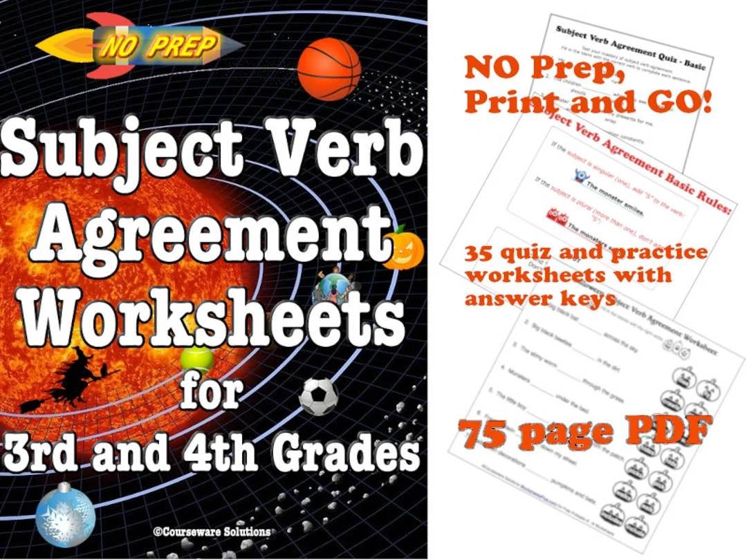 Subject Verb Agreement English Grammar Printable PDF Worksheets 3rd Or 4th Grade Etsy
