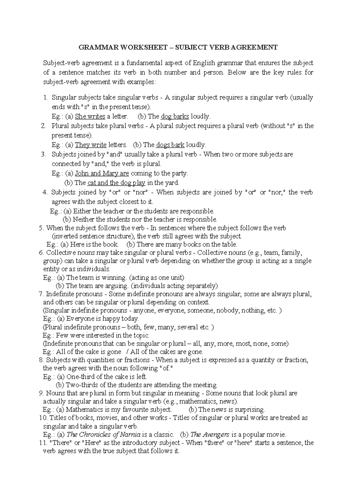 Subject Verb Agreement Rules Grammar Practice Worksheet Studocu