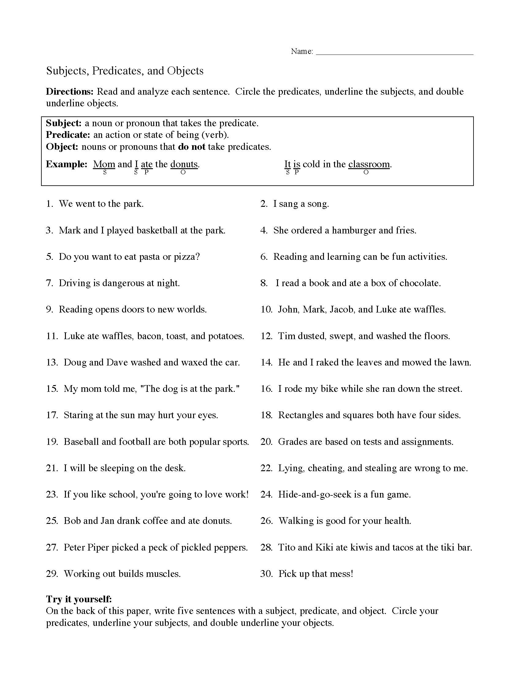 5th Grade Grammar Worksheets Subject Predicate 5th Grade Grammar Worksheets Subject Predicate