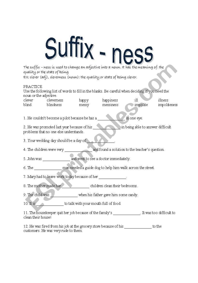 Suffix ness ESL Worksheet By Sonicliz