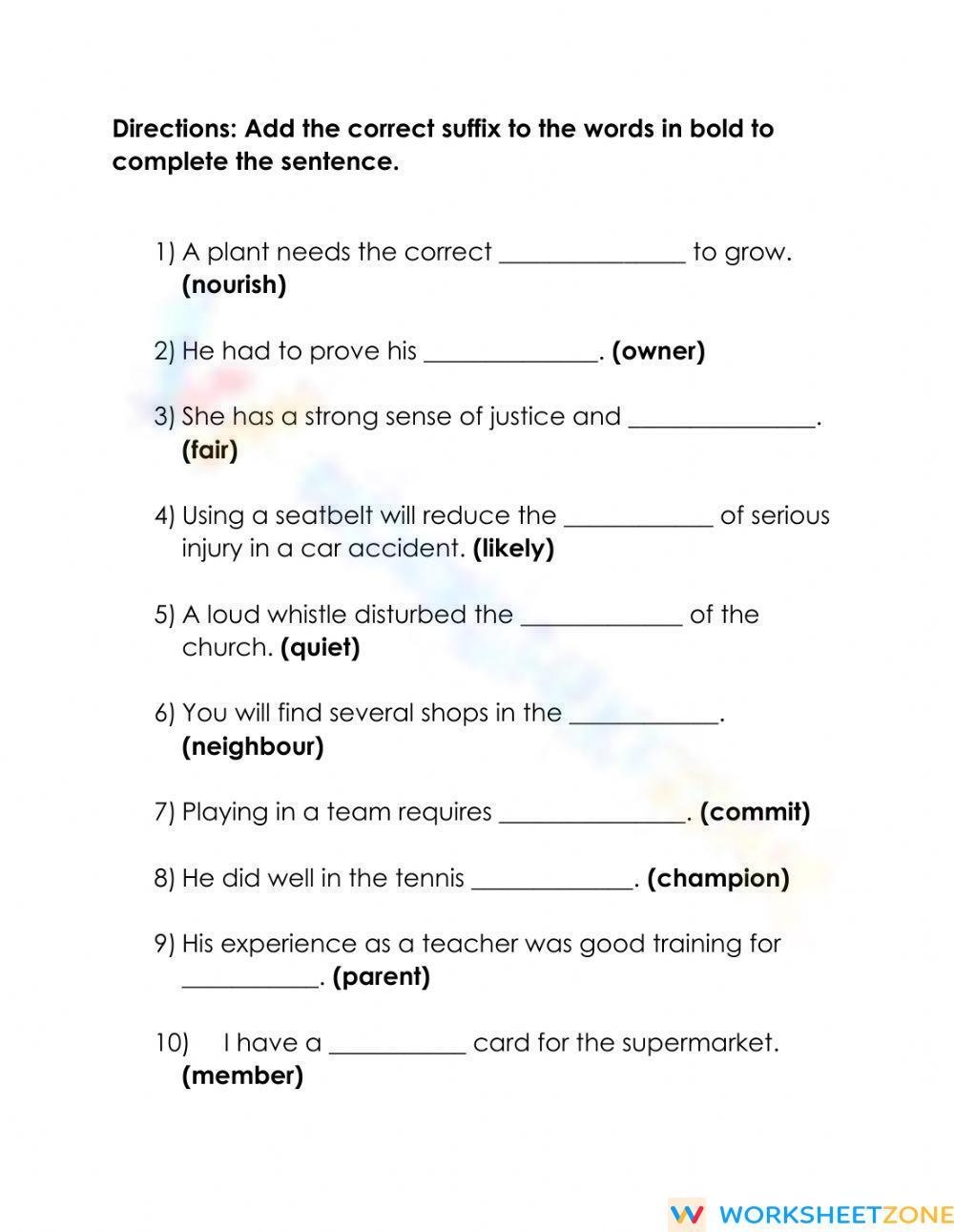 Suffixes ship ment ness hood Worksheet