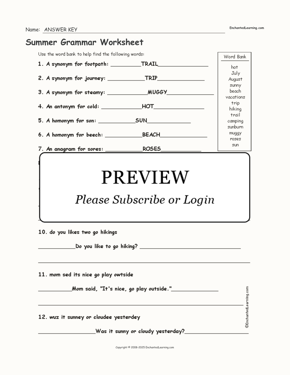 Summer Grammar Worksheet Enchanted Learning