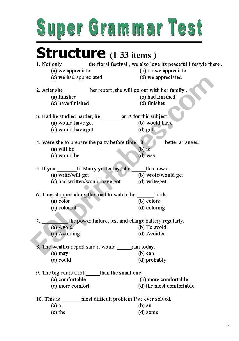 Super Grammar Test 1 33items 4pages Very Very Various Various Various Gramars To Practise Let s Load ESL Worksheet By Aploy Super Grammar Test 1 33items 4pages Very Very Various Various Various Gramars To Practise Let s Load ESL Worksheet By Aploy
