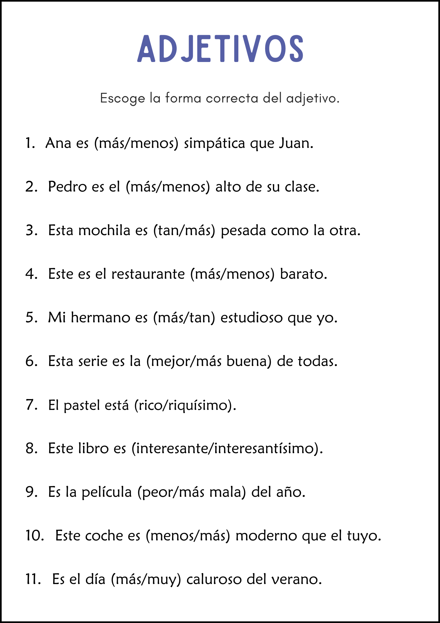 Superlative And Comparative Adjective Grammar Worksheets In Spanish Made By Teachers