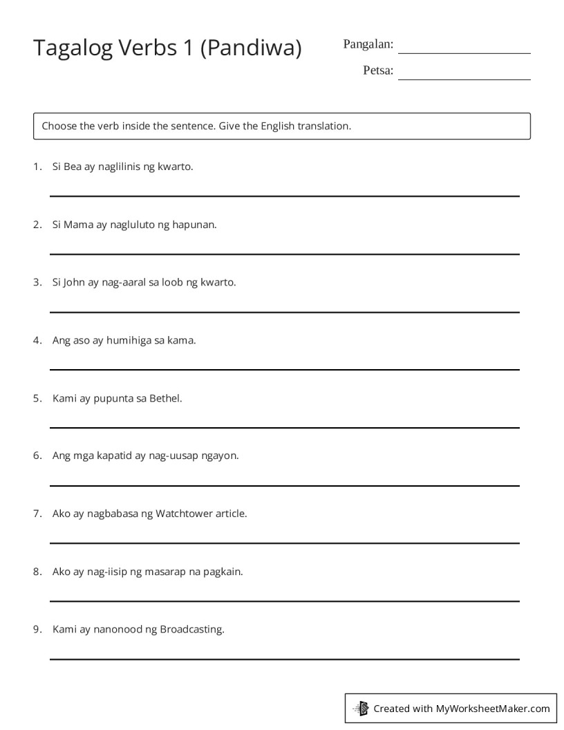 Tagalog Verbs 1 Pandiwa My Worksheet Maker Create Your Own Worksheets Tagalog Verbs 1 Pandiwa My Worksheet Maker Create Your Own Worksheets