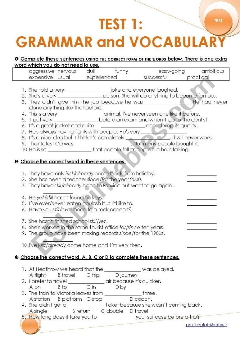 TEST 1 GRAMMAR And VOCABULARY ESL Worksheet By Pipof