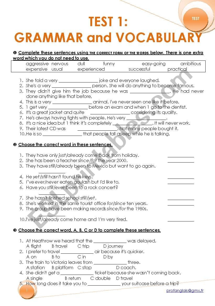 TEST 1 GRAMMAR And VOCABULARY ESL Worksheet By Pipof TEST 1 GRAMMAR And VOCABULARY ESL Worksheet By Pipof