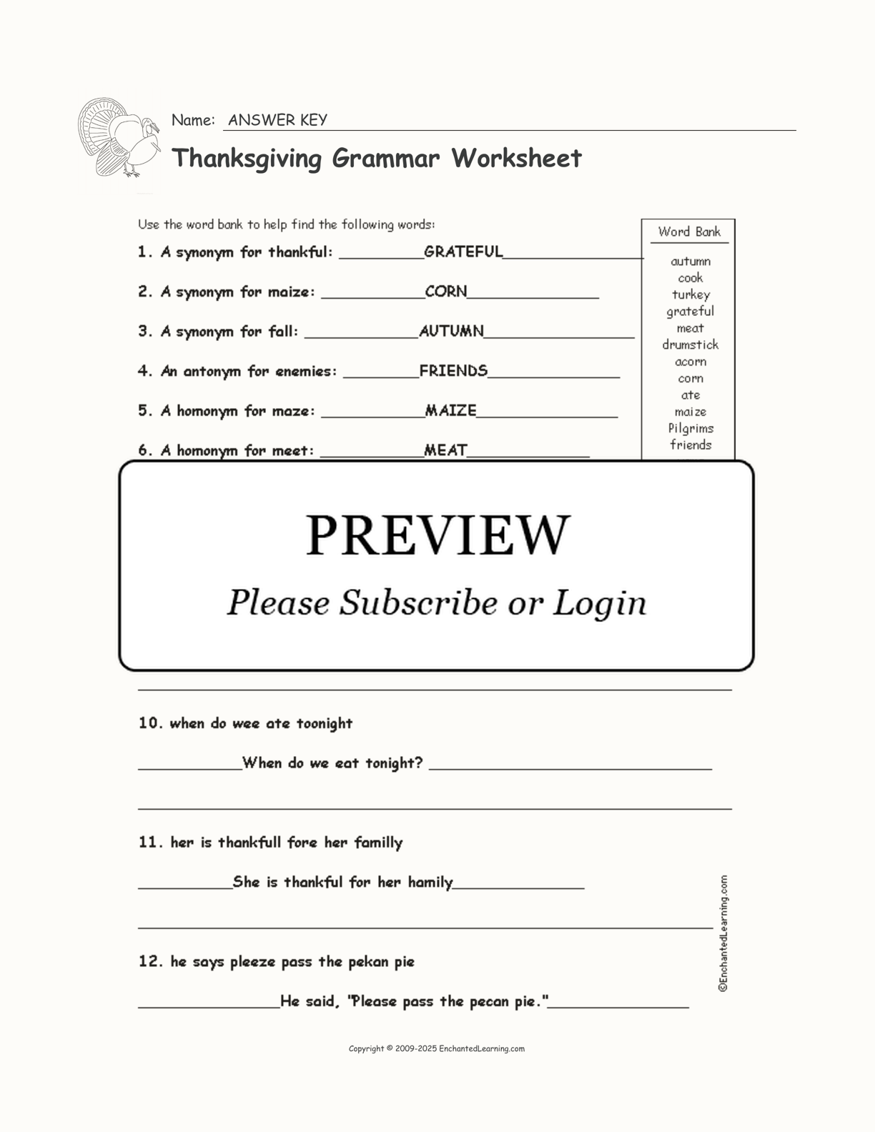 Thanksgiving Grammar Worksheet Enchanted Learning