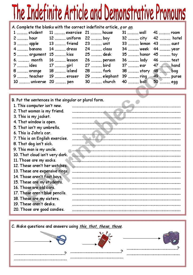 The Indefinite Article And Demonstrative Pronouns ESL Worksheet By Luoliveira