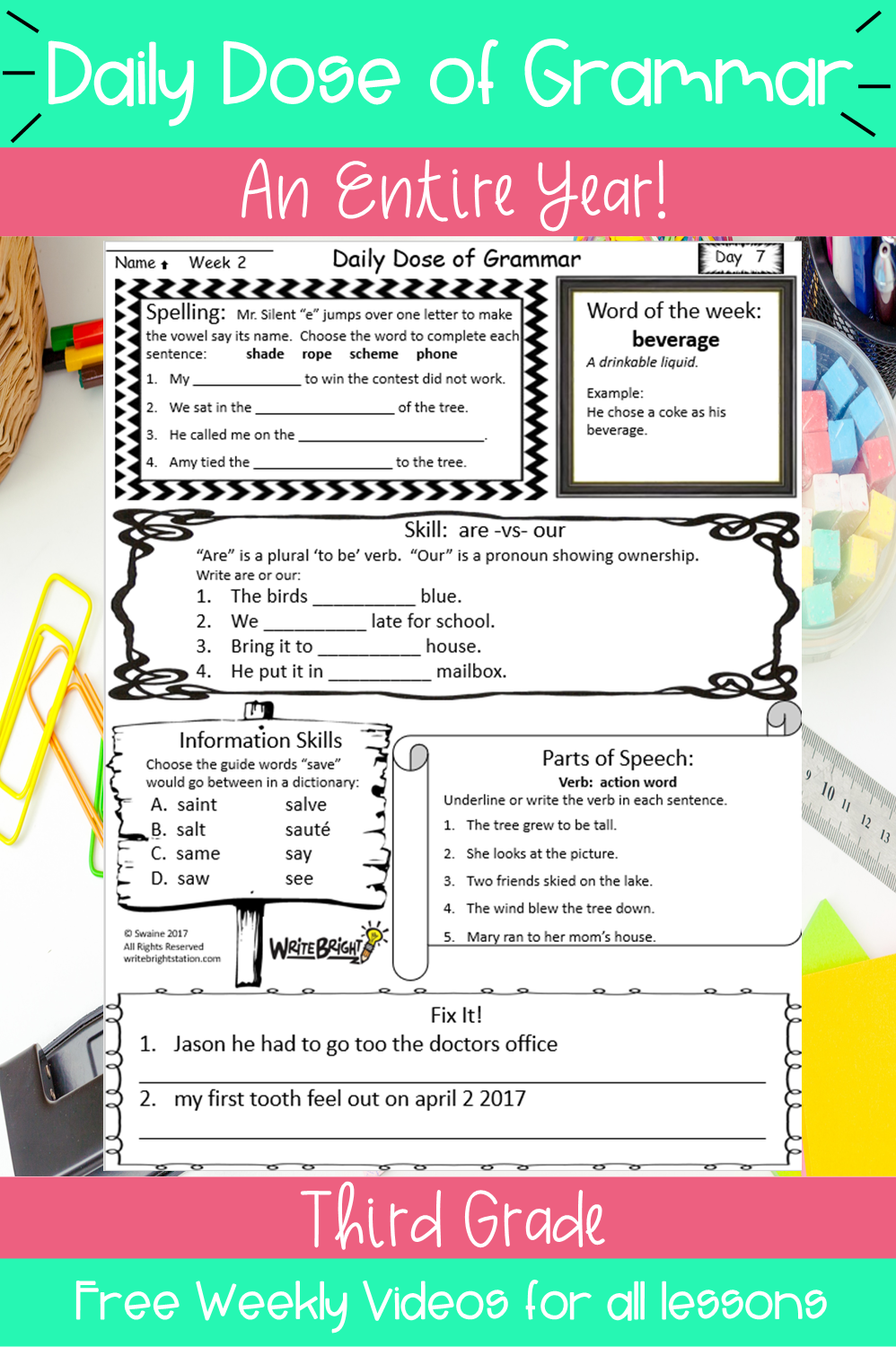 Third Grade Grammar Skills Daily Dose Bundle Standards Assessments Write Bright Lady
