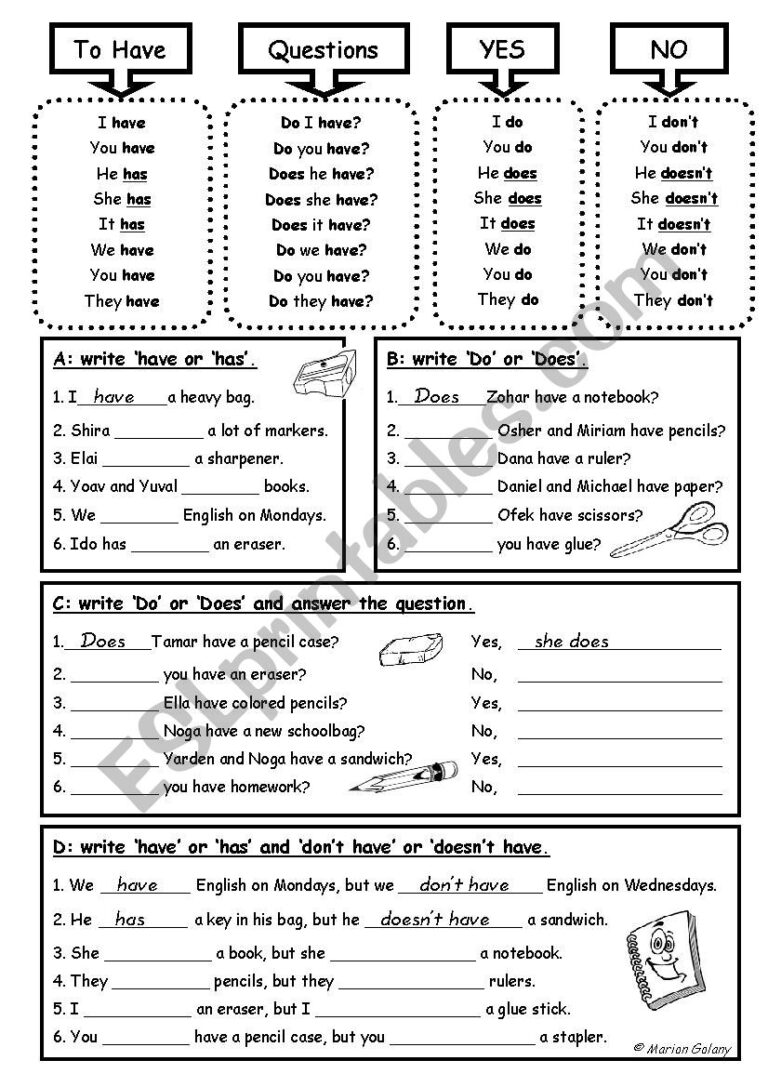 To Have Grammar Exercises With School Items ESL Worksheet By MarionG