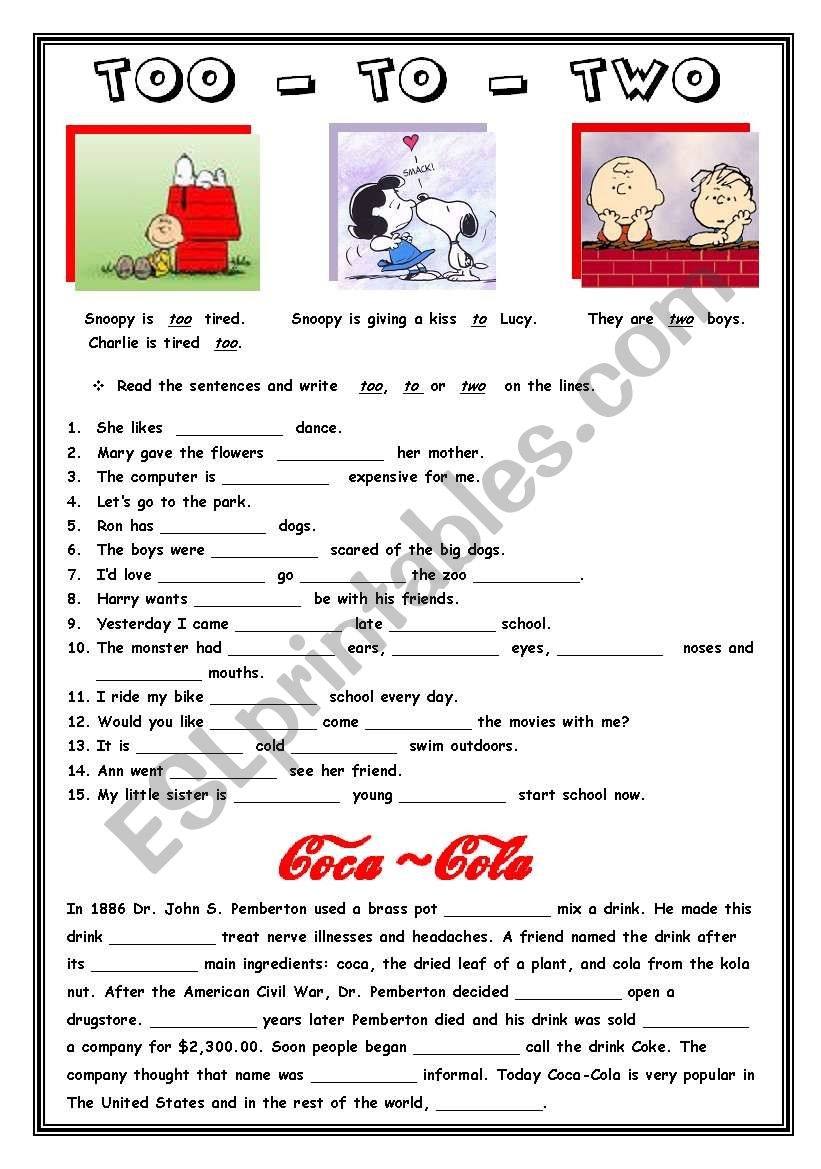 TOO TO TWO ESL Worksheet By Blizzard1 TOO TO TWO ESL Worksheet By Blizzard1