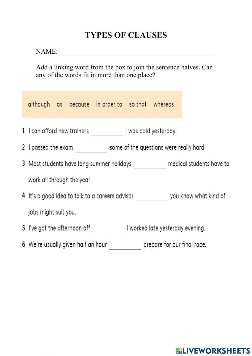 Types Of Clauses Free Interactive Worksheets 1817373