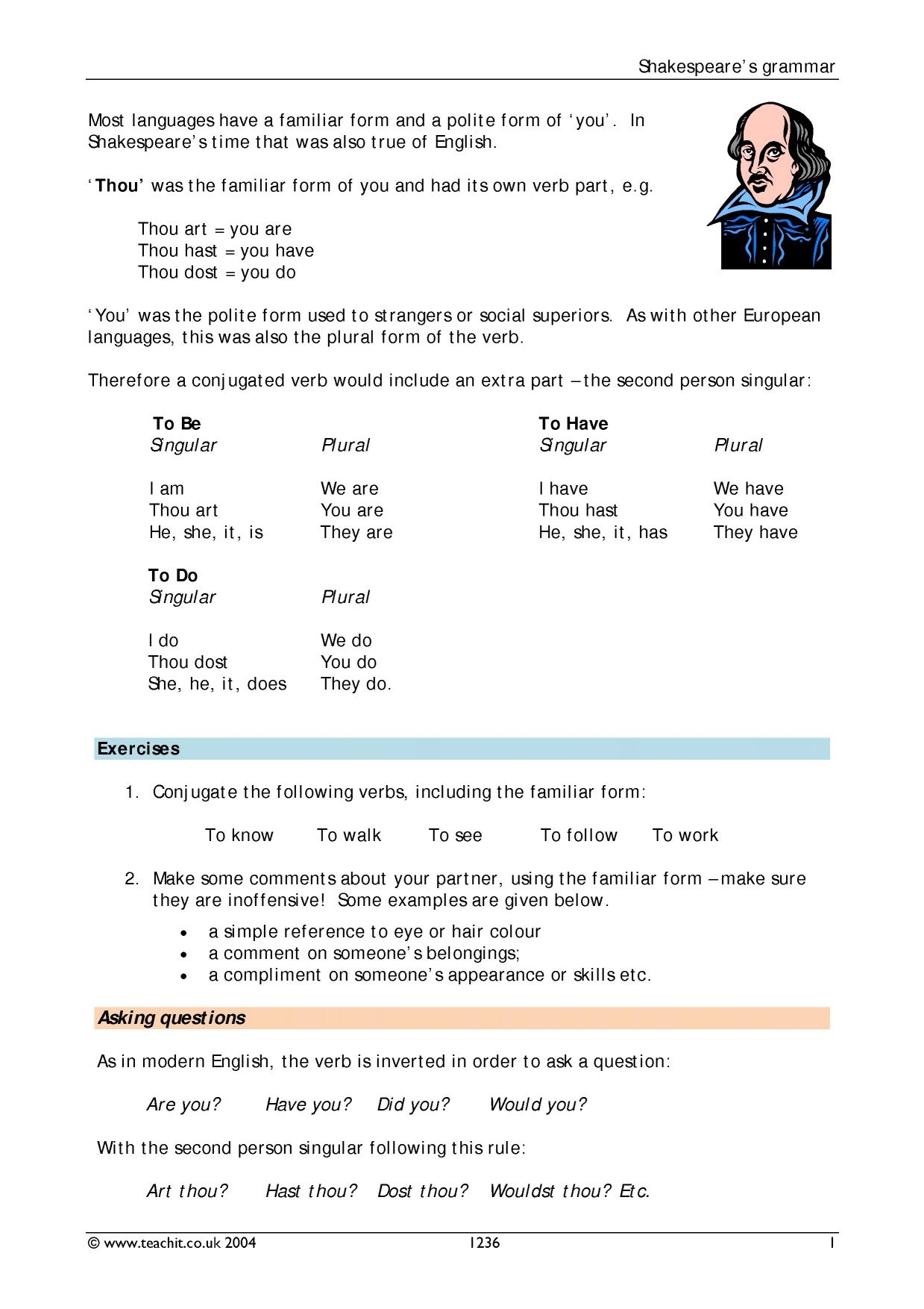 Understanding Shakespeare s Grammar A level Exercises Teachit