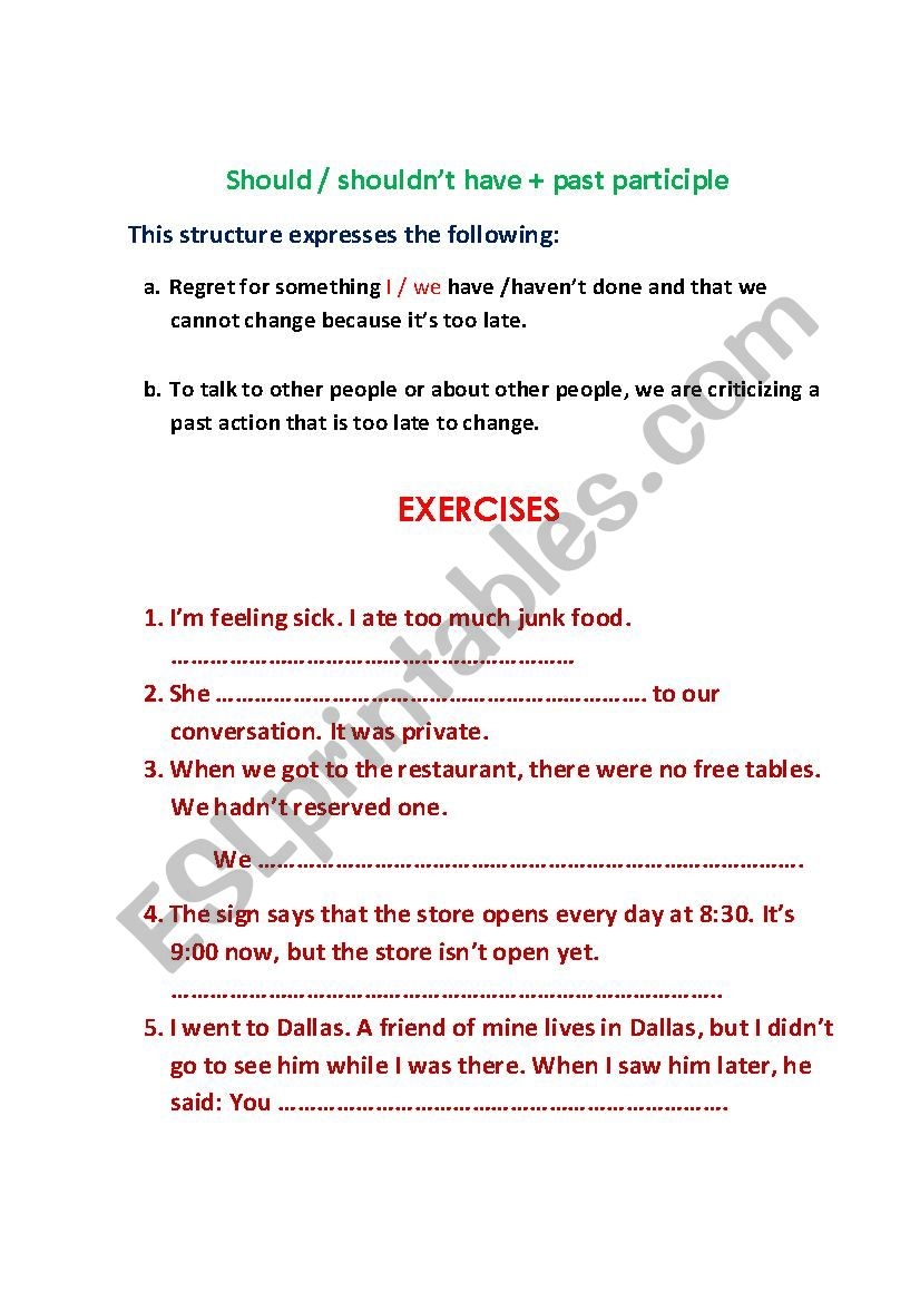 Use Of Should Have Past Participle ESL Worksheet By Mariliaplus
