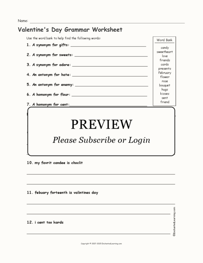 Valentine s Day Grammar Worksheet Enchanted Learning