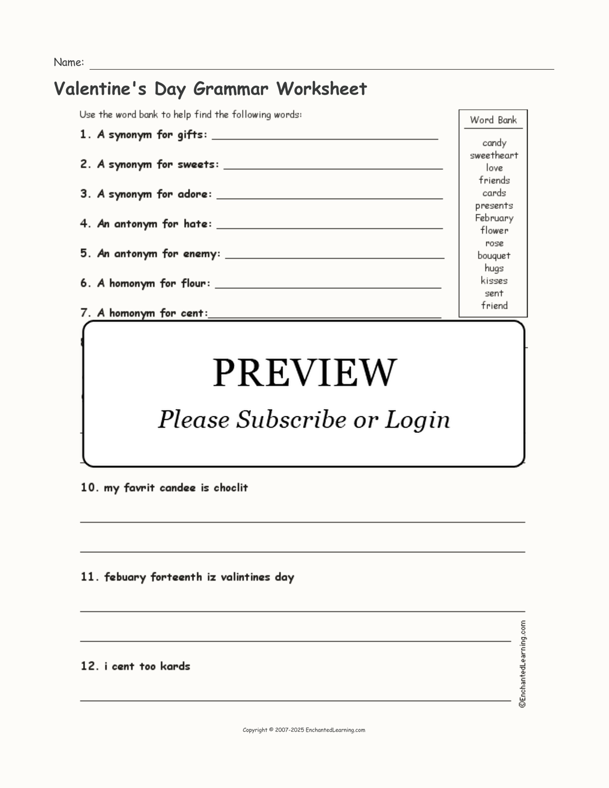 Valentine s Day Grammar Worksheet Enchanted Learning
