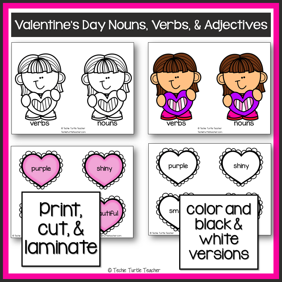 Valentine s Day Heart Nouns Adjectives Verbs Grammar Center Worksheets Made By Teachers