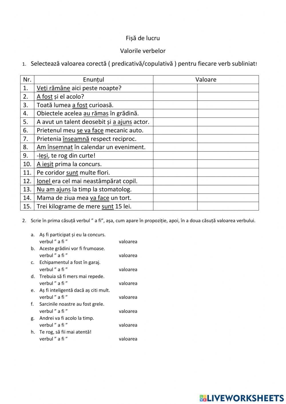 Valorile Verbel Free Interactive Worksheets 1632228