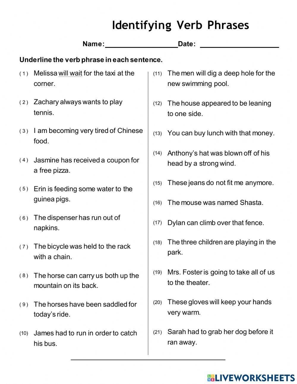 Verb Phrases Free Interactive Worksheets 1179714 Verb Phrases Free Interactive Worksheets 1179714