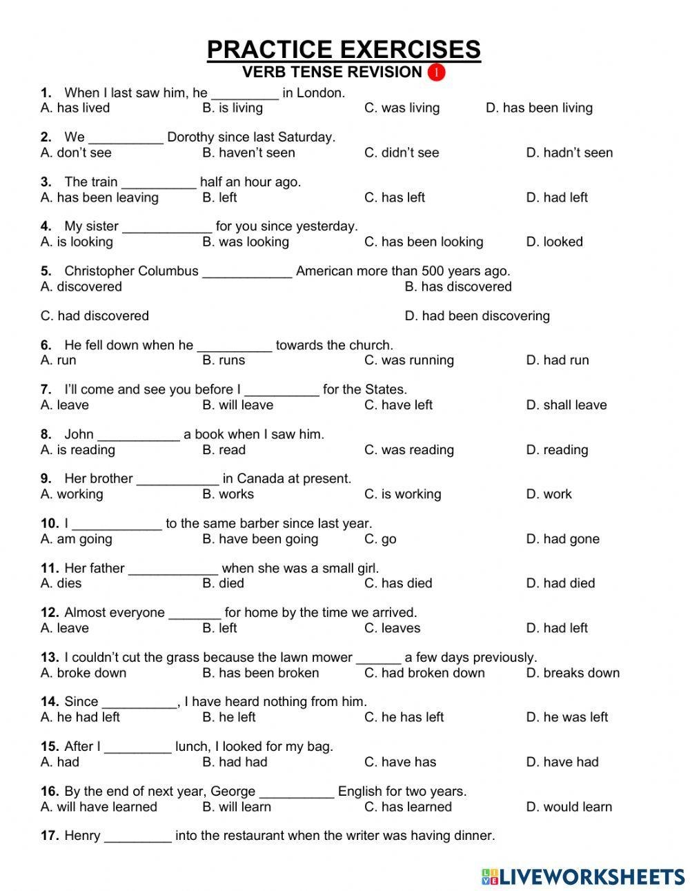 Verb Tense Revi Free Interactive Worksheets 1567689