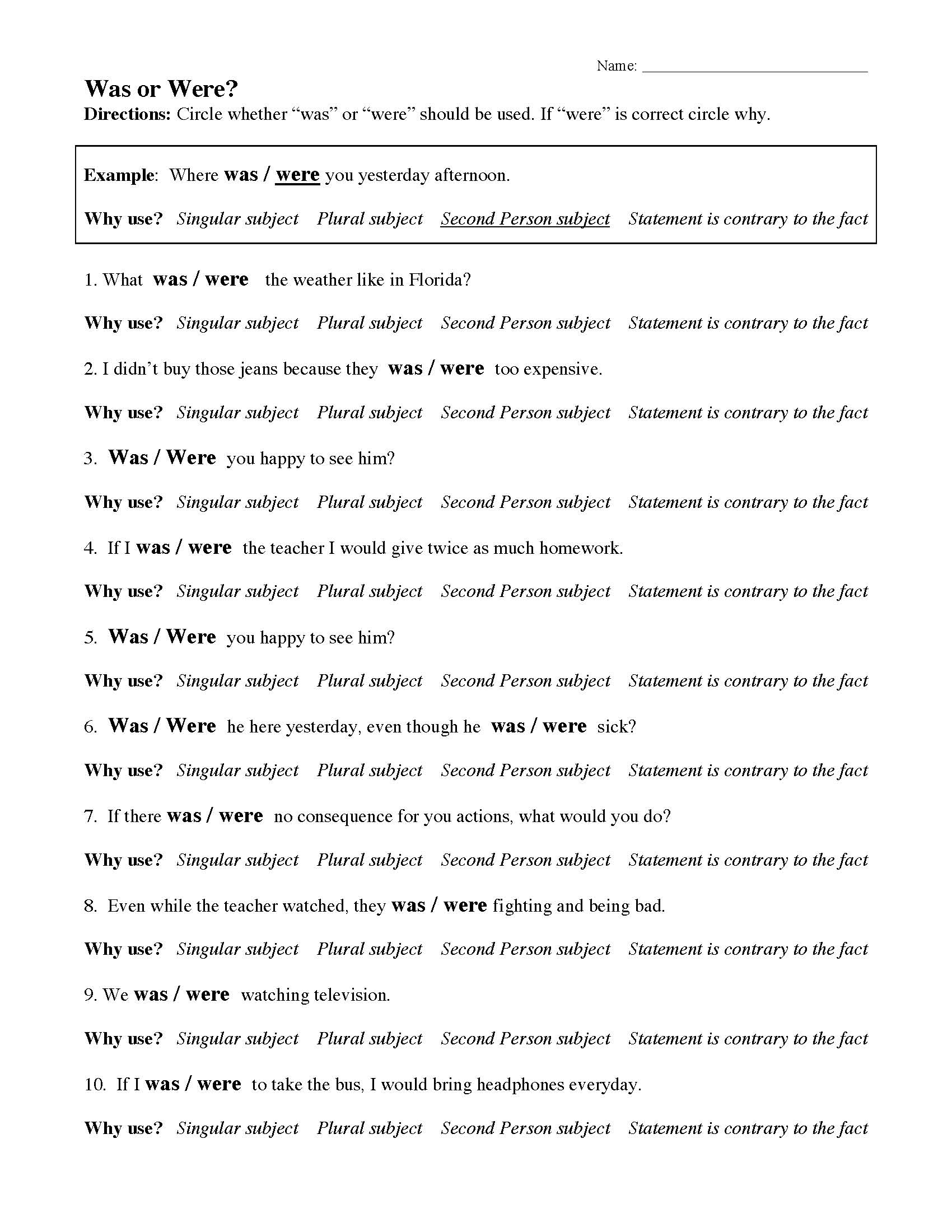 Was And Were Ereading Worksheets