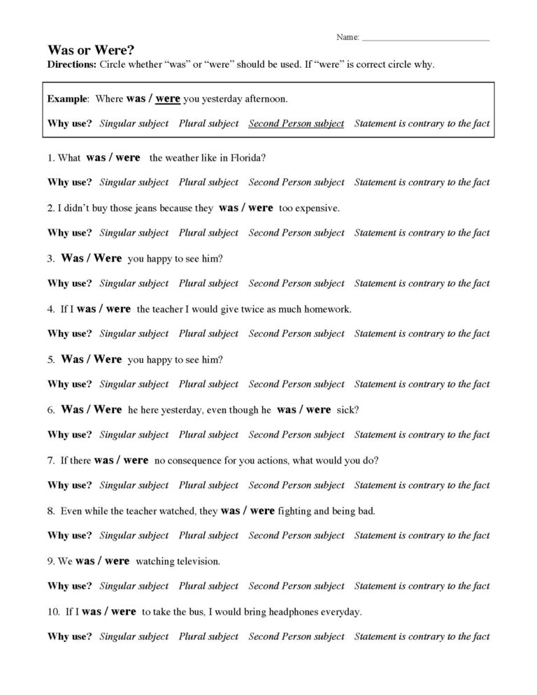 Was Or Were Worksheet 1 Grammar Activity