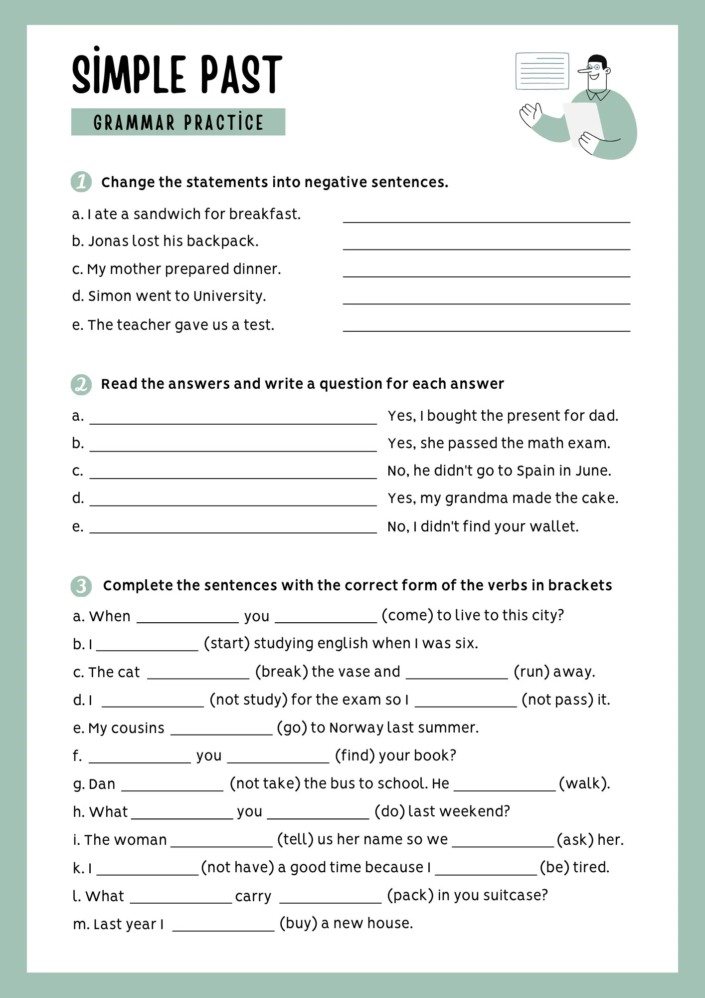 White Pastel Green Simple Past Grammar Practice Worksheet A4 10 