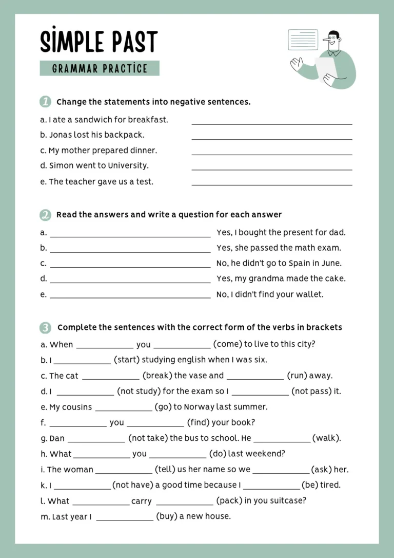 White Pastel Green Simple Past Grammar Practice Worksheet A4 10 
