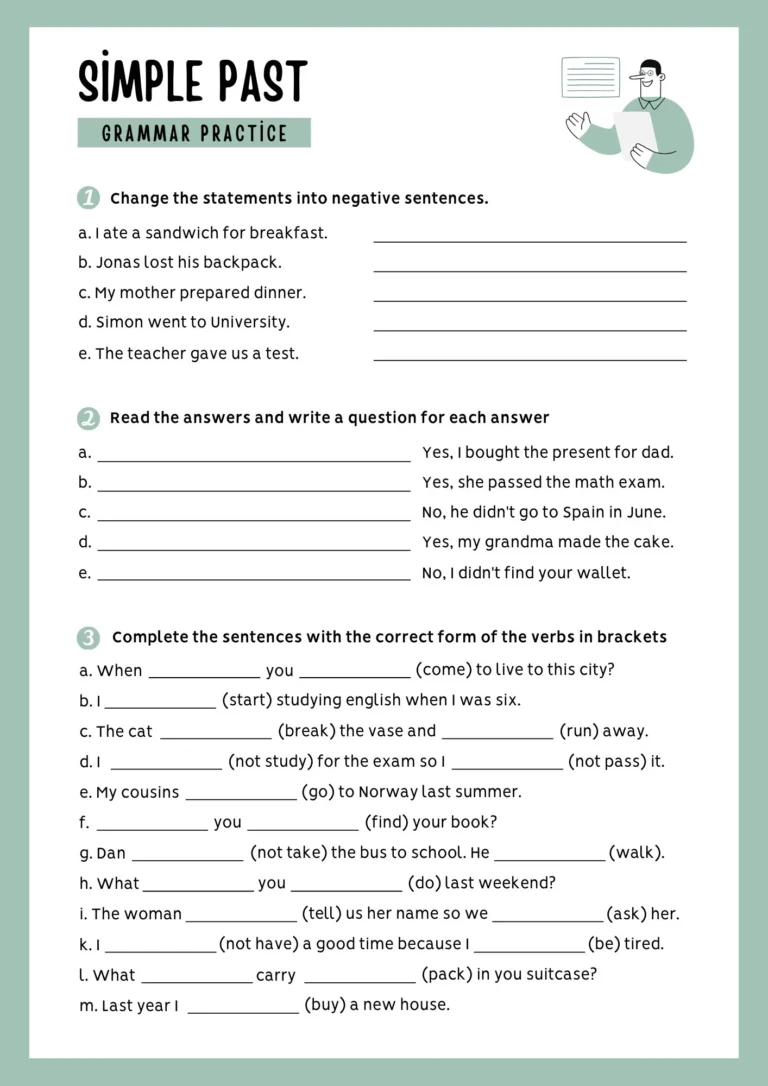 White Pastel Green Simple Past Grammar Practice Worksheet A4 10 Pages Etsy