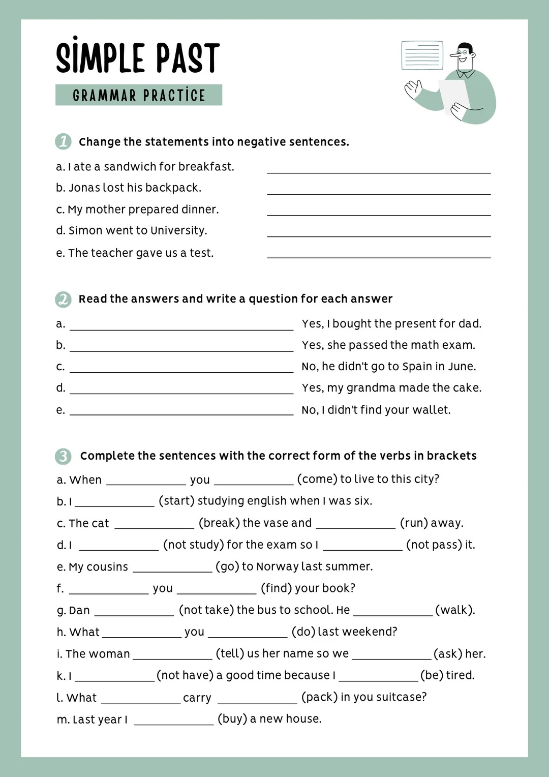 White Pastel Green Simple Past Grammar Practice Worksheet A4 10 Pages Etsy UK