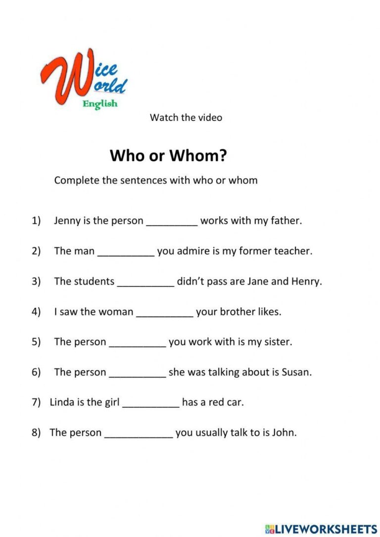 Who Or Whom Free Interactive Worksheets 1313374